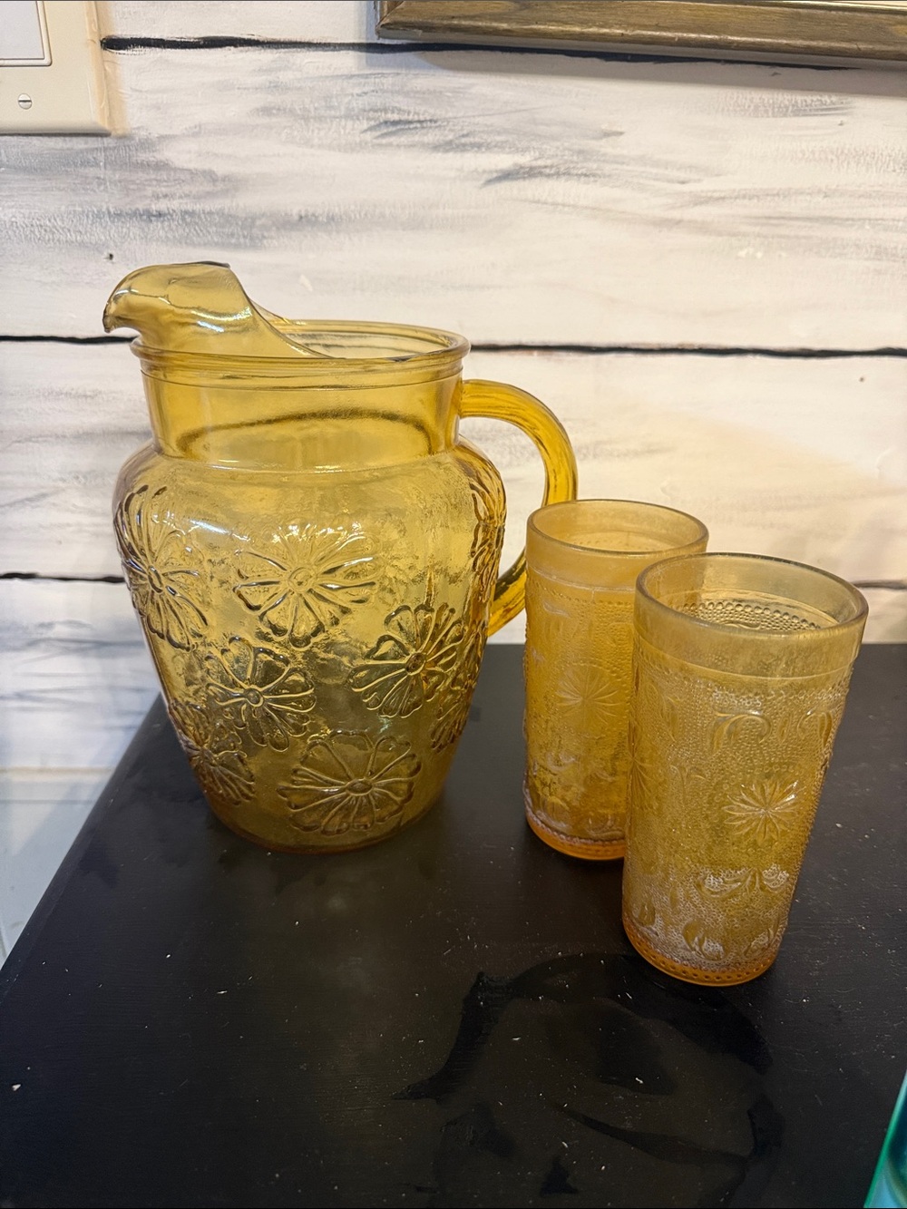 VINTAGE Yellow Embossed Glass Pitcher and Tumbler Set